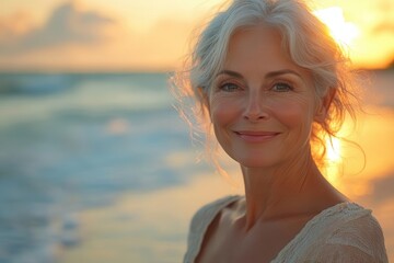 sundrenched beach scene with joyful senior woman golden light illuminates her radiant smile as she walks along the shoreline exuding vitality and contentment in her mature years - Powered by Adobe