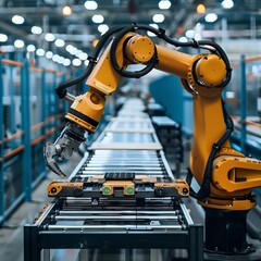 A robotic arm working on an assembly line in an industrial setting, showcasing automation in manufacturing.