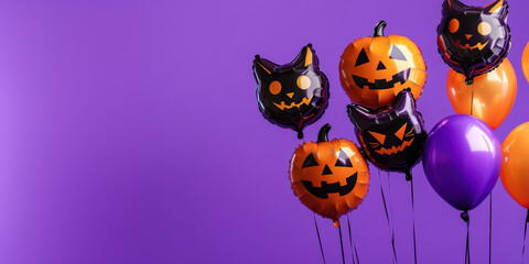 Spooky halloween balloons are floating on a purple background with copy space