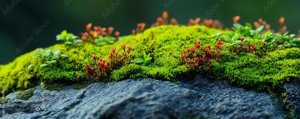 Wall mural Green Moss and Red Flowers on a Rock - Nature Photo