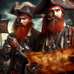 a pirate with red hair carrying a treasure map with a dashing look and a sharp gaze, Generative AI