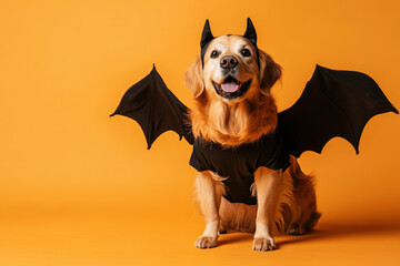 Golden retriever dog wearing bat costume with a black shirt and devil horns is sitting on an orange background