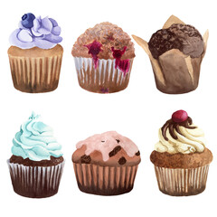 Set of six cupcakes and muffins. Watercolor illustration isolated on white background for design, cards, menu, posters, business, decor, prints