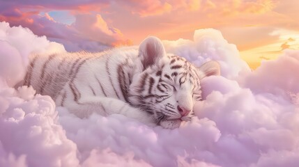 A white tiger cub peacefully sleeps on a bed of fluffy clouds, with a golden sunset in the background.