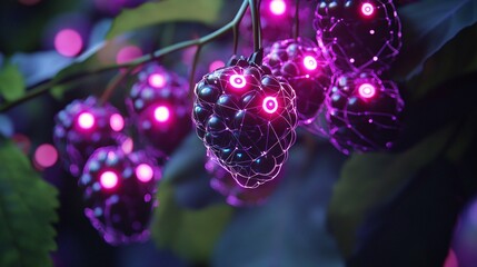 An engaging portrayal of nano berries with tech-infused characteristics and digital growth patterns. The berries are illuminated by glowing circuitry and interconnected nodes, embodying a sleek,