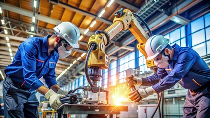 Skilled technicians guiding precise robotic welding arms in an industrial setting, robotic, welding, arms