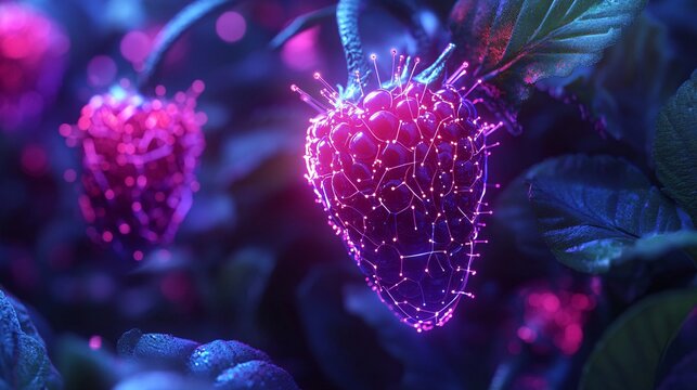 A close-up view of nano berries featuring tech-infused details and digital growth. The glowing circuitry and connected nodes accentuate the futuristic design of the fruit. The sleek, bio-engineered