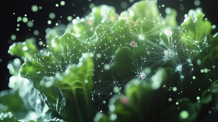 A futuristic depiction of robotic lettuce featuring intricate tech veins and glowing lines. The bio-enhanced leaves are connected by interconnected nodes, creating a high-tech salad concept. The
