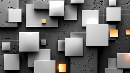 A collection of white and gray squares are stacked and layered on a dark textured background, with small yellow squares adding a touch of color to the composition.