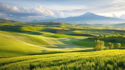 Obraz premium A picturesque countryside with fields of green and a distant mountain range, perfect for a nature escape