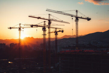 Majestic cranes stand tall against a vibrant sunset, overlooking a city in the embrace of dusk.