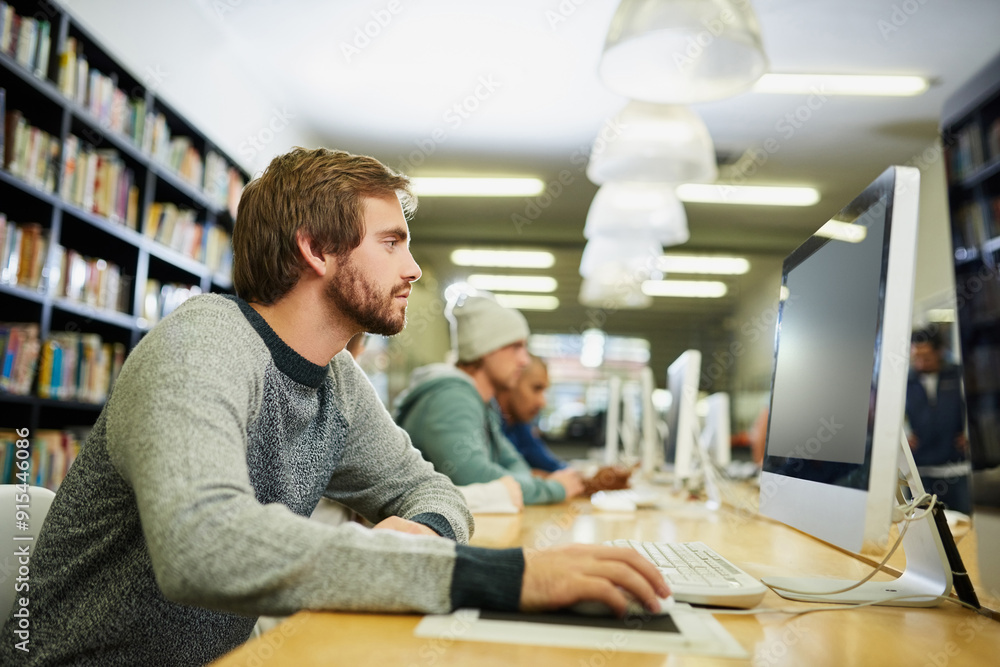 Aufkleber Student, computer and studying in university library for programming course, project and information technology. School, man and learning in college for education, app development and research