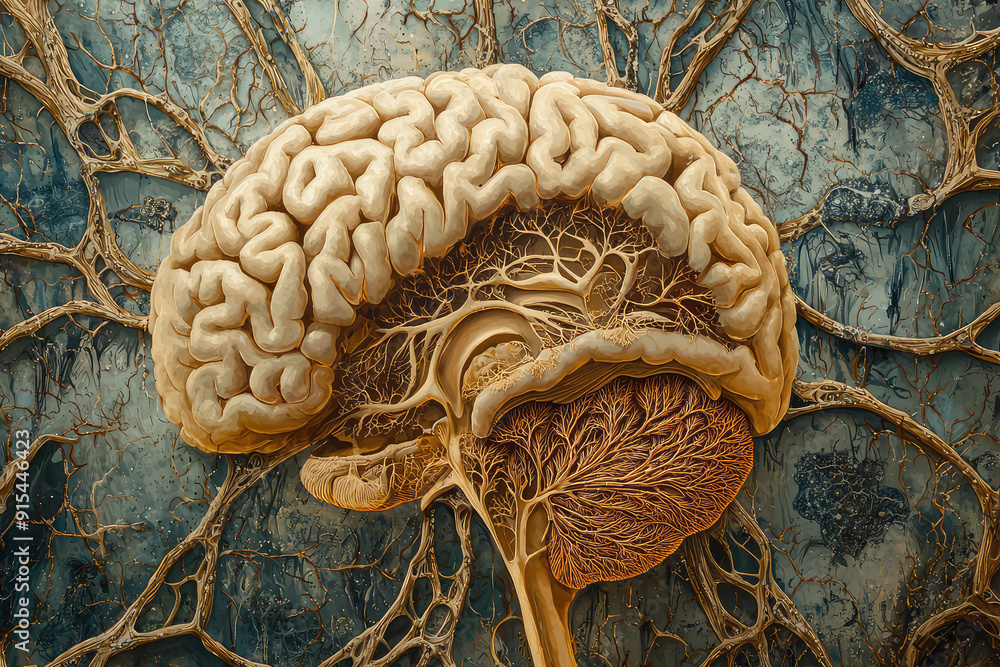 Poster intricate cross-section of the human brain showcasing neural complexity