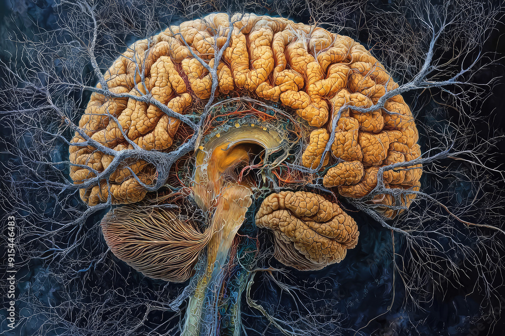 Poster intricate cross-section of a human brain showcasing neural networks