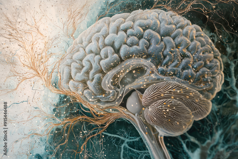 Poster intricate cross-section of human brain revealing neural networks and brain activity