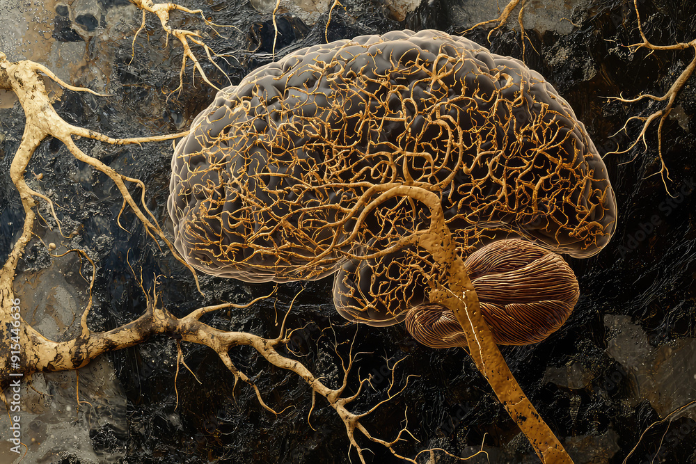 Poster intricate cross-section of a human brain showcasing complex neural pathways
