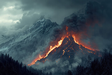 Fototapeta premium Fiery Destruction: A Volcanic Eruption Lights Up the Snow-Capped Mountains
