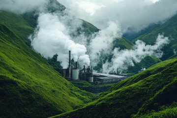 Fototapeta premium Industrial Factory Nestled in a Serene Green Valley with Emissions Blending into Foggy Skies