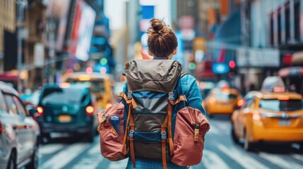 Obraz premium female backpacker carrying full bag walking in big city with heavy traffic. 