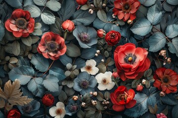 Floral Symphony: Red Blossoms on Deep Green Foliage