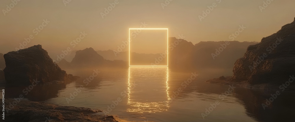Poster it's a 3d render of a neon square frame glowing over cliffs and water. an abstract modern background