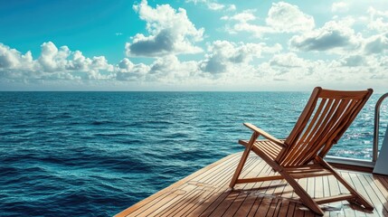 Fototapeta premium A quiet deck chair on a cabin cruiser, set against the serene backdrop of endless ocean waters