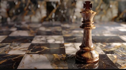 A solitary golden queen chess piece stands on a marble chessboard, with a blurred background of other pieces.
