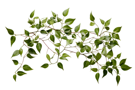 Bright green ivy extending down a white brick wall, isolated on a white background.