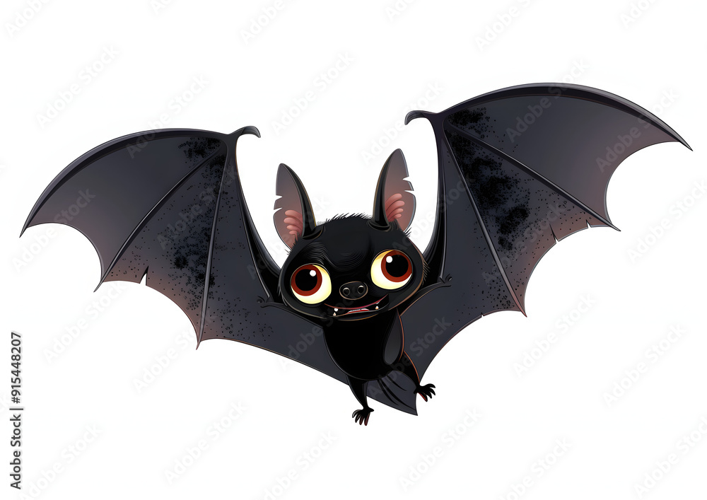 Wall mural vector cartoon illustration of cute friendly black bat character, flying with wings spread, in flat 