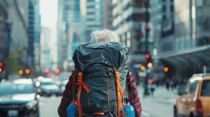 Obraz premium Senior female backpacker carrying a full bag walking in a big city 