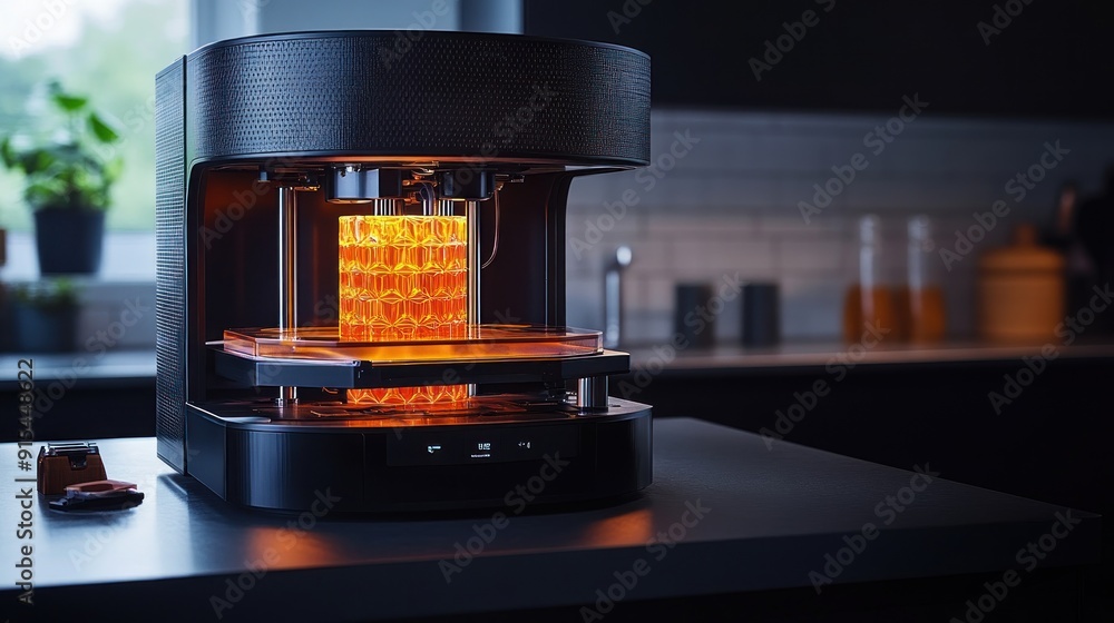 Poster 3d printer creating an orange object