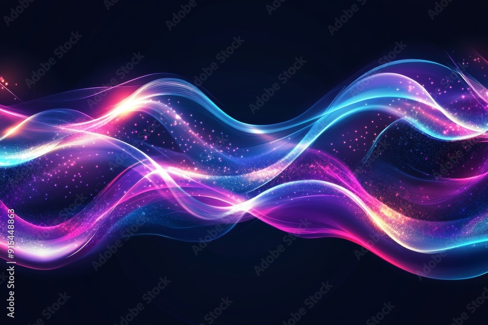 Poster abstract futuristic background with glowing neon wave lines and bokeh lights. data transfer theme.