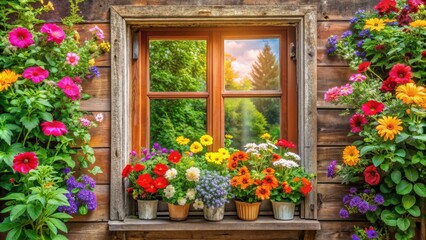 Naklejka premium Vintage window adorned with colorful summer flowers, vintage, window, flowers, summer, bloom, rustic, charm, outdoors, garden
