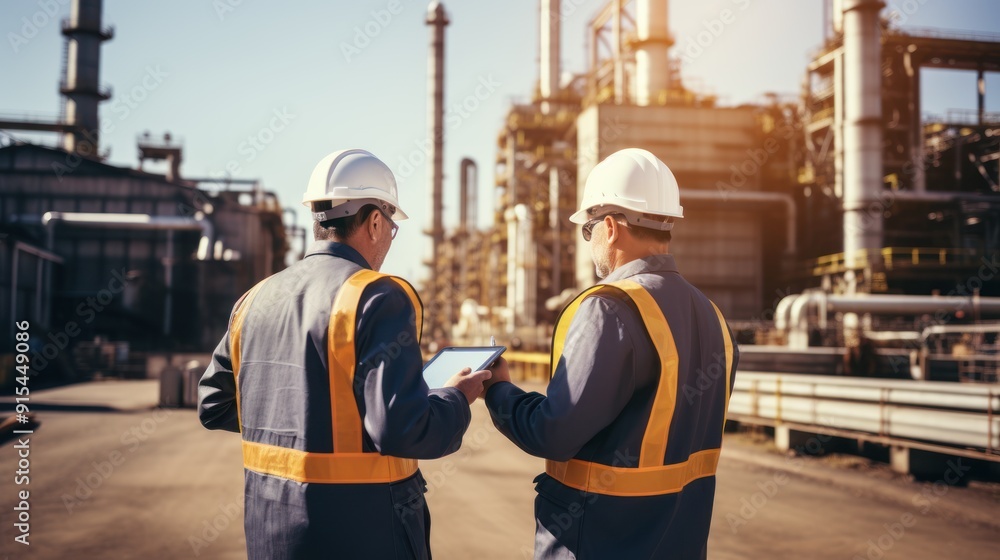 Poster two engineer with tablet mobile in factory