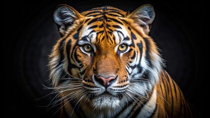 Obraz premium Tiger with intense eyes staring from a dark background, wildlife, predator, fierce, nature, feline, powerful, majestic, striped