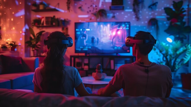 Couple immersed in a virtual reality gaming experience at home, wearing VR headsets in a cozy, illuminated room with various decor elements.