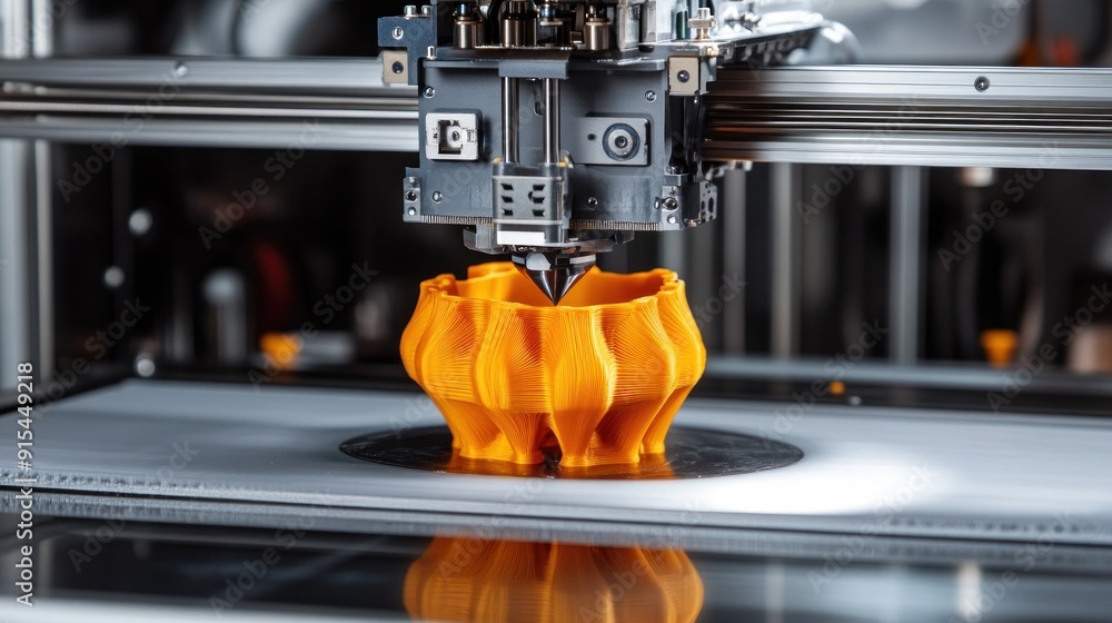 Poster 3d printing in action: close-up view of a 3d printer creating a detailed orange object