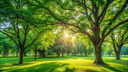 Fototapeta premium Lush green trees in the park with the sun shining through the leaves, park, trees, nature, green, foliage, branches