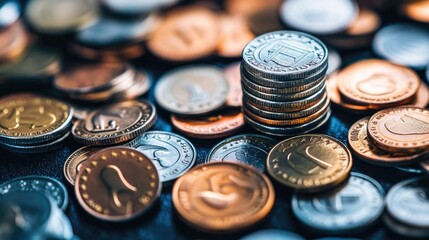 A scattered yet organized pile of Euro coins, some stacked, showcasing the diversity in currency handling