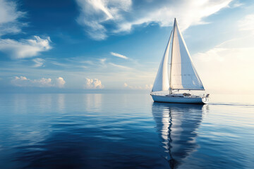 Fototapeta premium Tranquil Voyage: A Sailboat Glides Effortlessly Across a Mirror-like Sea