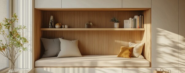 Modern cozy reading nook with built-in shelves and sunlight