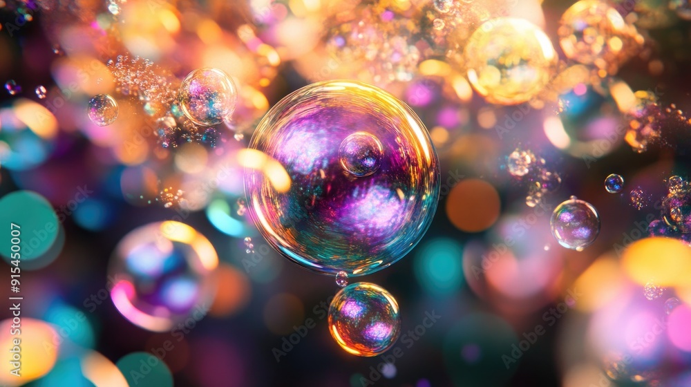 Poster an abstract soap bubble scene with a cascade of colorful orbs and intricate light reflections, perfe