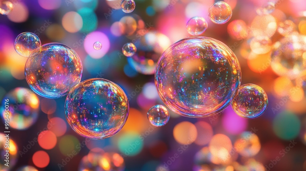 Poster an abstract soap bubble scene with a cascade of colorful orbs and intricate light reflections, perfe