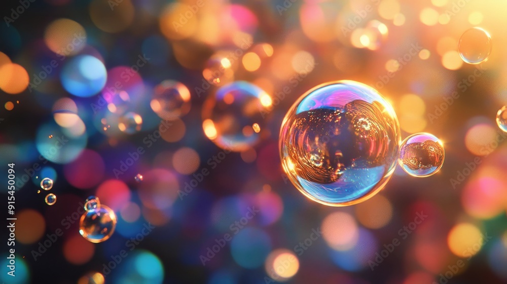Poster an abstract soap bubble scene with a cascade of colorful orbs and intricate light reflections, perfe