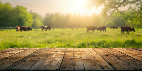 Rustic Wooden Tabletop with Cows Grazing in a Blurred Green Meadow at Sunset.