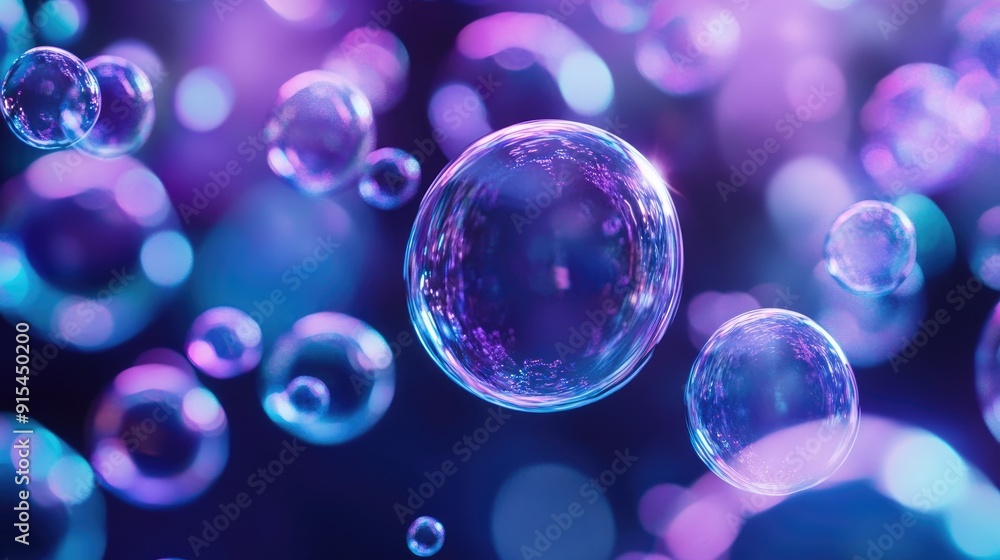 Poster an abstract soap bubble scene with floating bubbles in varying shades of blue and purple, creating a