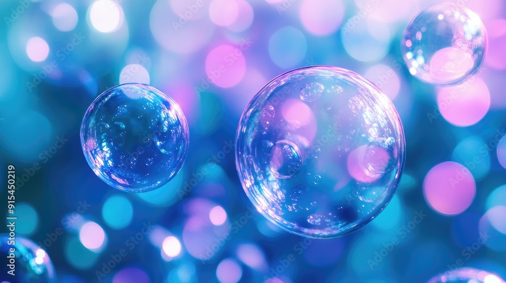 Poster an abstract soap bubble scene with floating bubbles in varying shades of blue and purple, creating a