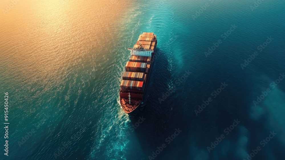 Poster an aerial view of a container ship navigating through the ocean, emphasizing the scale and complexit