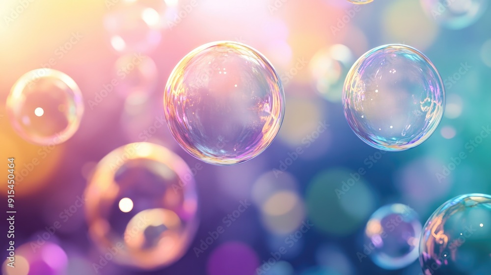 Poster an enchanting abstract soap bubble scene with delicate gradients and floating orbs, perfect for addi