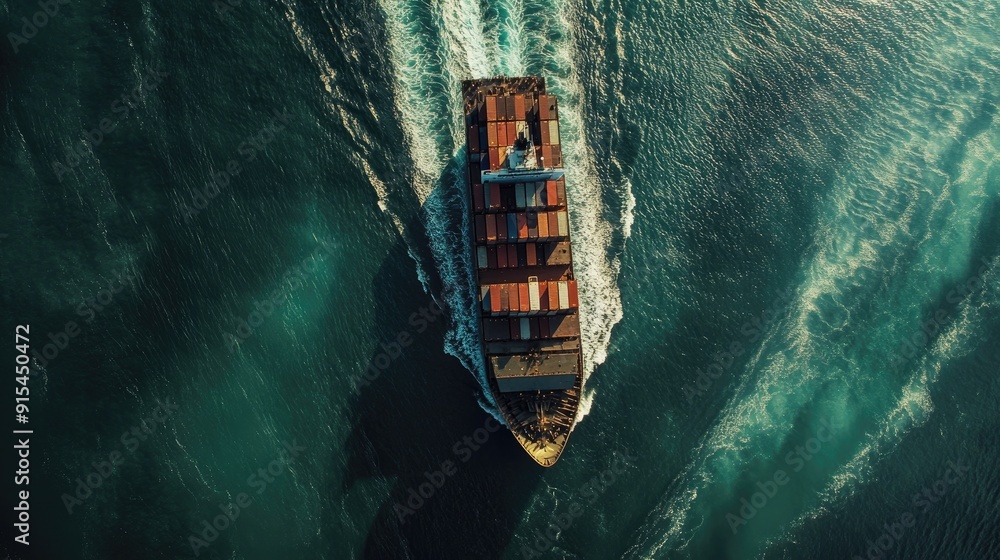 Poster an aerial view of a container ship navigating through the ocean, emphasizing the scale and complexit